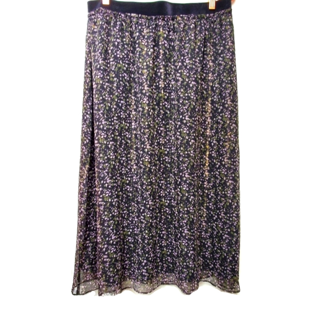 LOFT Pink Gray Metallic Elastic Waist Floral Midi Skirt Size 10